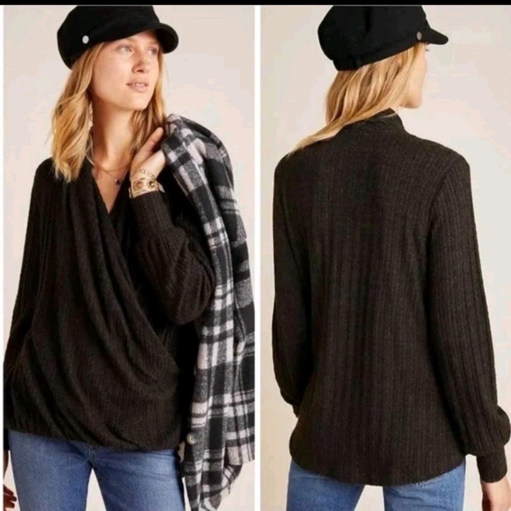 Maeve Anthropologie Chocolate Rafela Hacci Surplice Top Faux Wrap Sweater